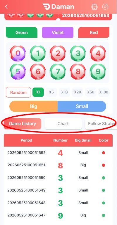 Daman Game result and history screen